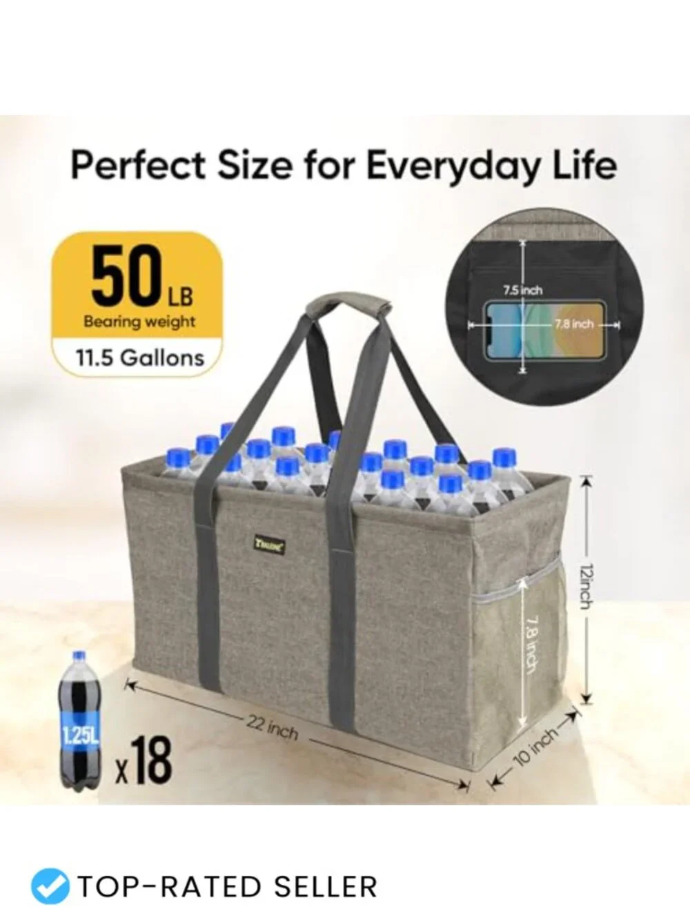 Extra Large Utility Tote Bag with Reinforced Wire Frame, Reusable Grocery